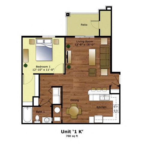 Floor plan for 1 bed, 1 bath, 788 sqft
